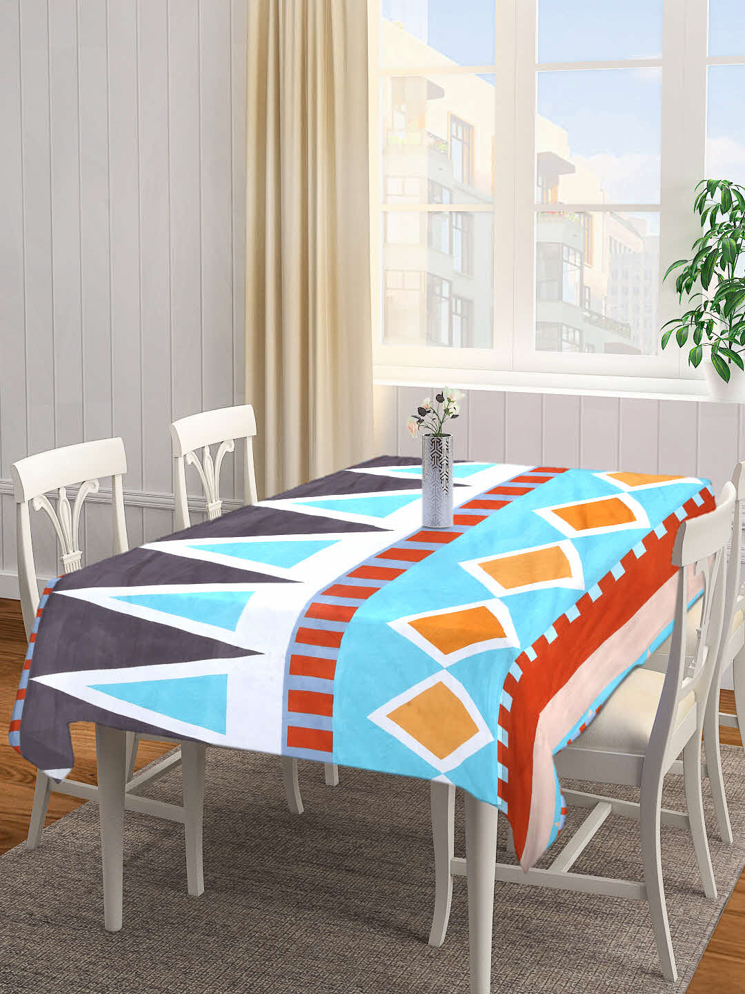 Arrabi Blue Geometric Cotton Blend 8 SEATER Table Cover (215 X 150 cm)