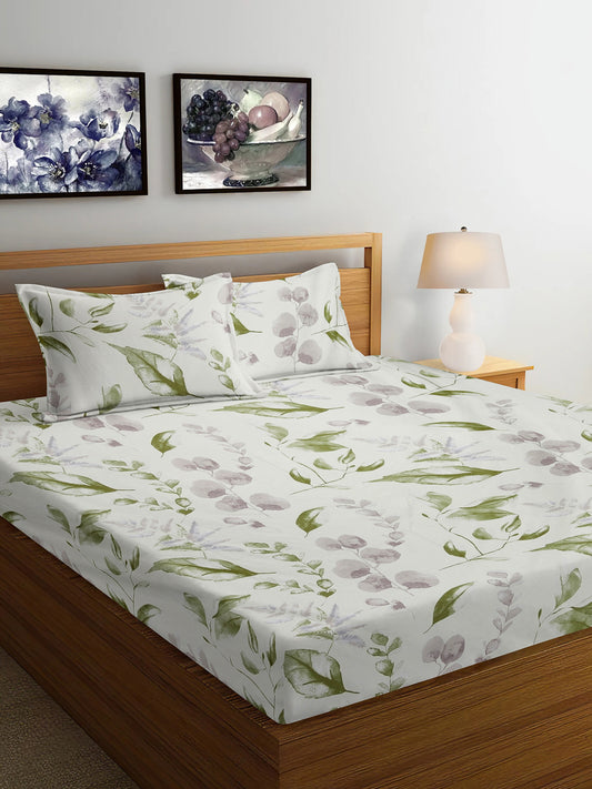 Arrabi Cream Leaf TC Cotton Blend King Size Bedsheet with 2 Pillow Covers (250 x 215 cm)