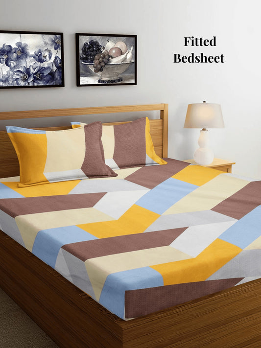 Arrabi Multi Geometric TC Cotton Blend King Size Fitted Bedsheet with 2 Pillow Covers (250 X 215 Cm)