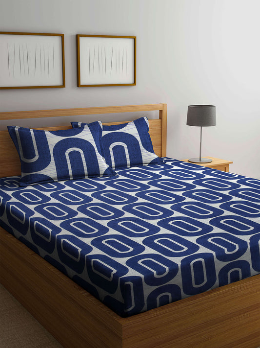 Arrabi Blue Geometric TC Cotton Blend Super King Size Bedsheet with 2 Pillow Cover (270 x 260 cm)