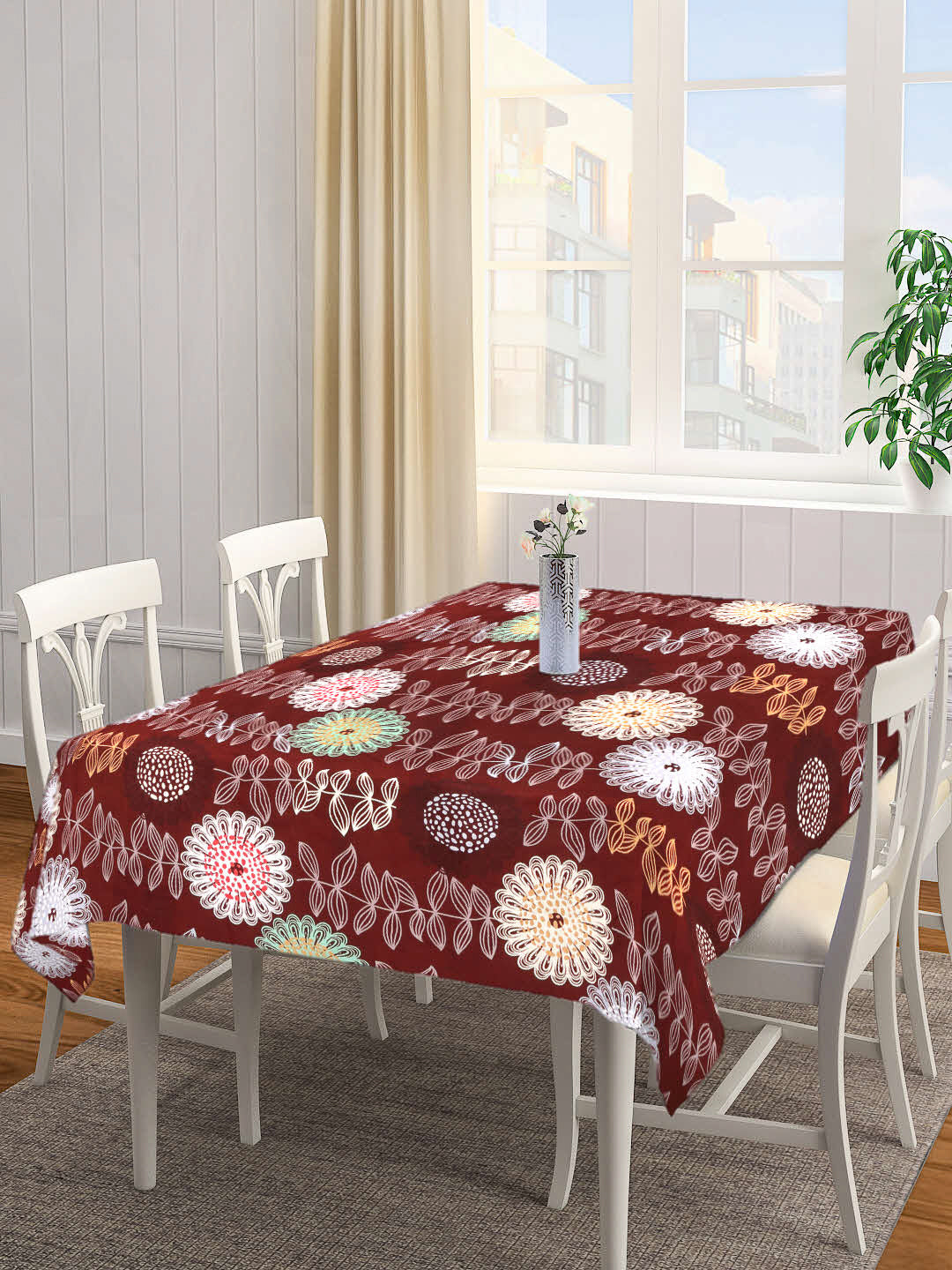 Arrabi Brown Floral Cotton Blend 6 SEATER Table Cover (180 X 130 cm)