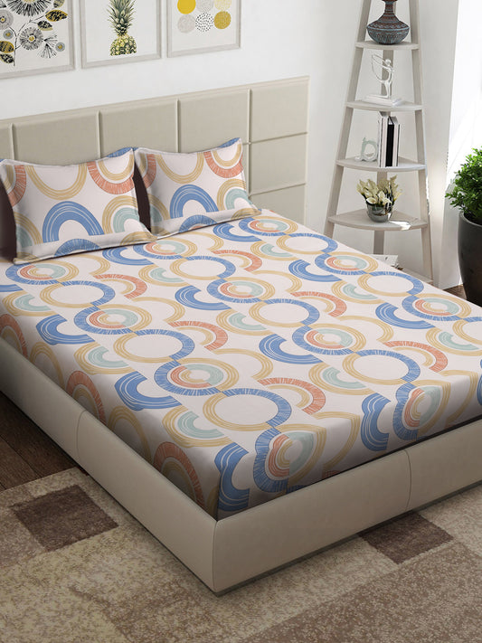 Arrabi Peach Geometric TC Cotton Blend King Size Bedsheet with 2 Pillow Covers (250 x 215 cm)