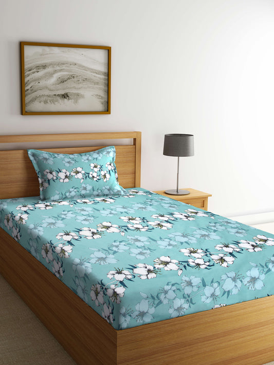 Arrabi Green Floral TC Cotton Blend Single Size Bedsheet with 1 Pillow Cover (215 X 150 cm)