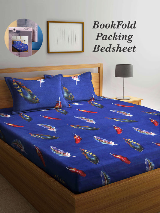 Arrabi Blue Leaf TC Cotton Blend Super King Size Bookfold Bedsheet with 2 Pillow Covers (270 X 260 cm)