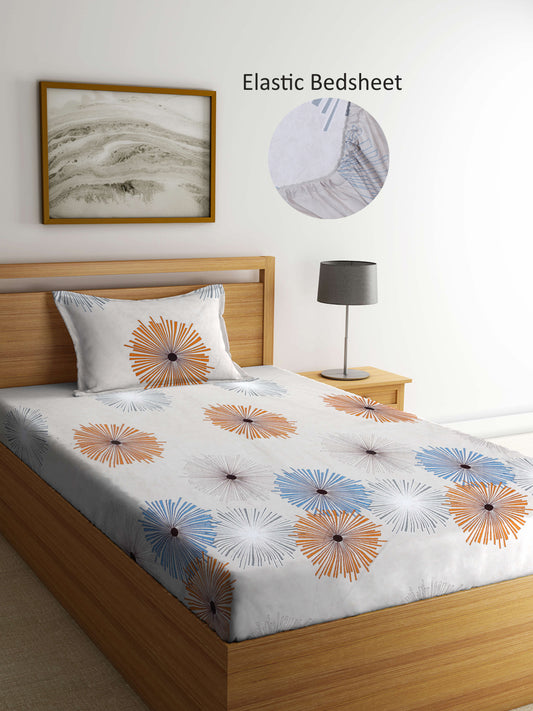 Arrabi Beige Floral TC Cotton Blend Single Size Fitted Bedsheet with 1 Pillow Cover (215 X 150 cm)