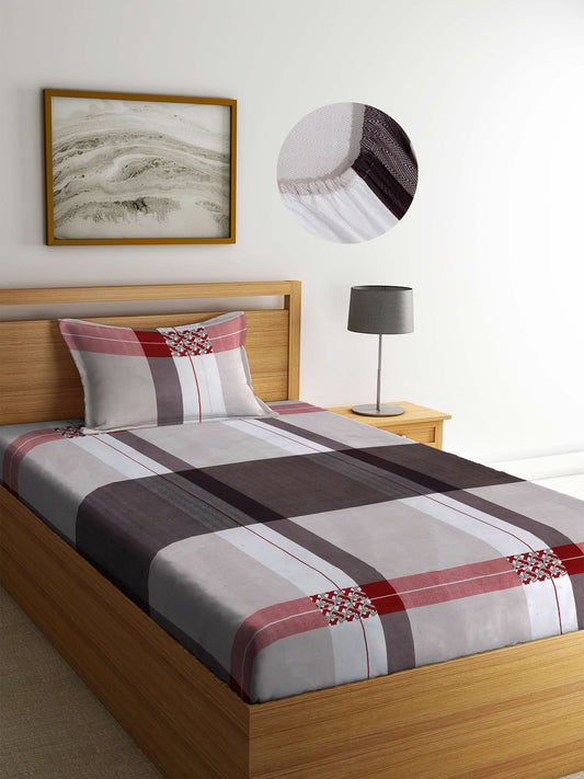 Arrabi Multi Geometric TC Cotton Blend Single Size Fitted Bedsheet with 1 Pillow Cover (220 X 150 cm)