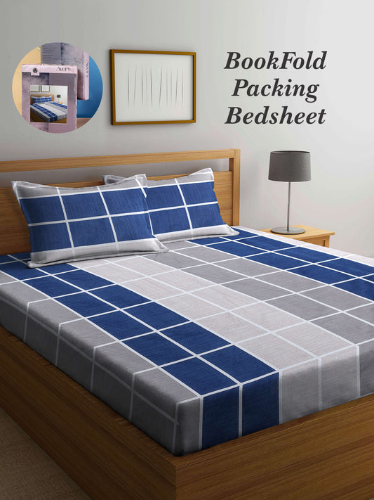 Arrabi Blue Checks TC Cotton Blend King Size Bookfold Bedsheet with 2 Pillow Covers (250 X 215 cm)