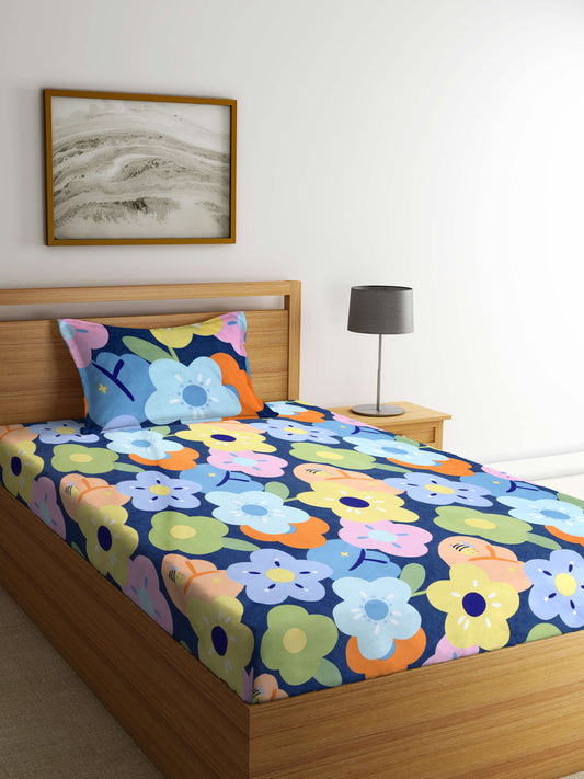 Arrabi Multi Floral TC Cotton Blend Single Size Bedsheet with 1 Pillow Cover (215 X 150 cm)