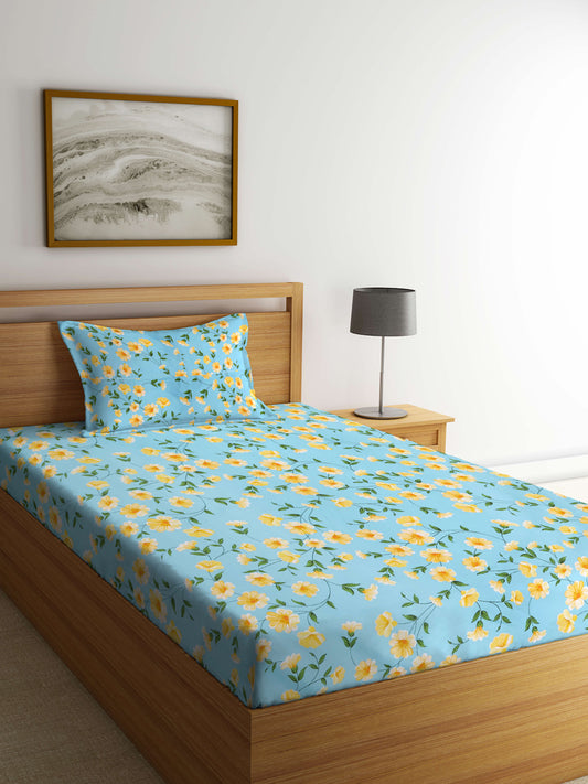 Arrabi Teal Floral TC Cotton Blend Single Size Bedsheet with 1 Pillow Cover (215 X 150 cm)