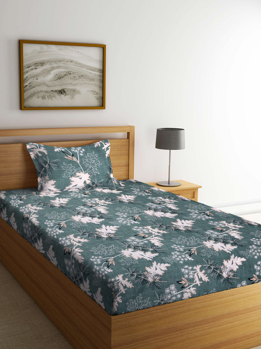 Arrabi Green Leaf TC Cotton Blend Single Size Bedsheet with 1 Pillow Cover (215 X 150 cm)