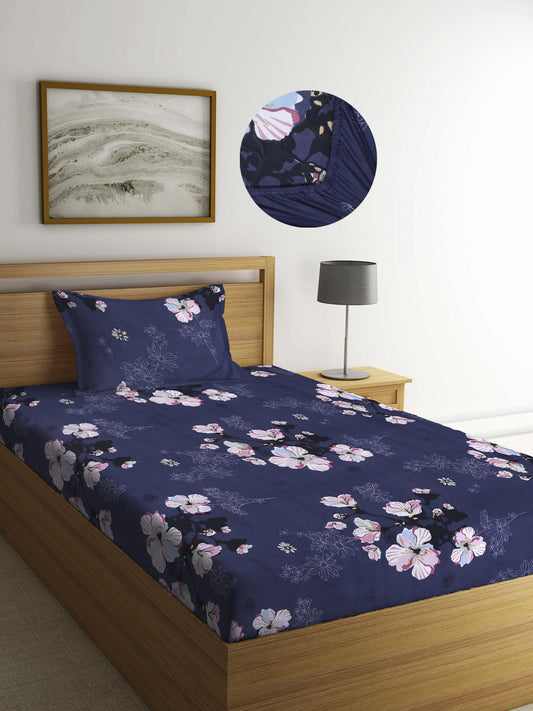 Arrabi Blue Floral TC Cotton Blend Single Size Fitted Bedsheet with 1 Pillow Cover (220 X 150 cm)