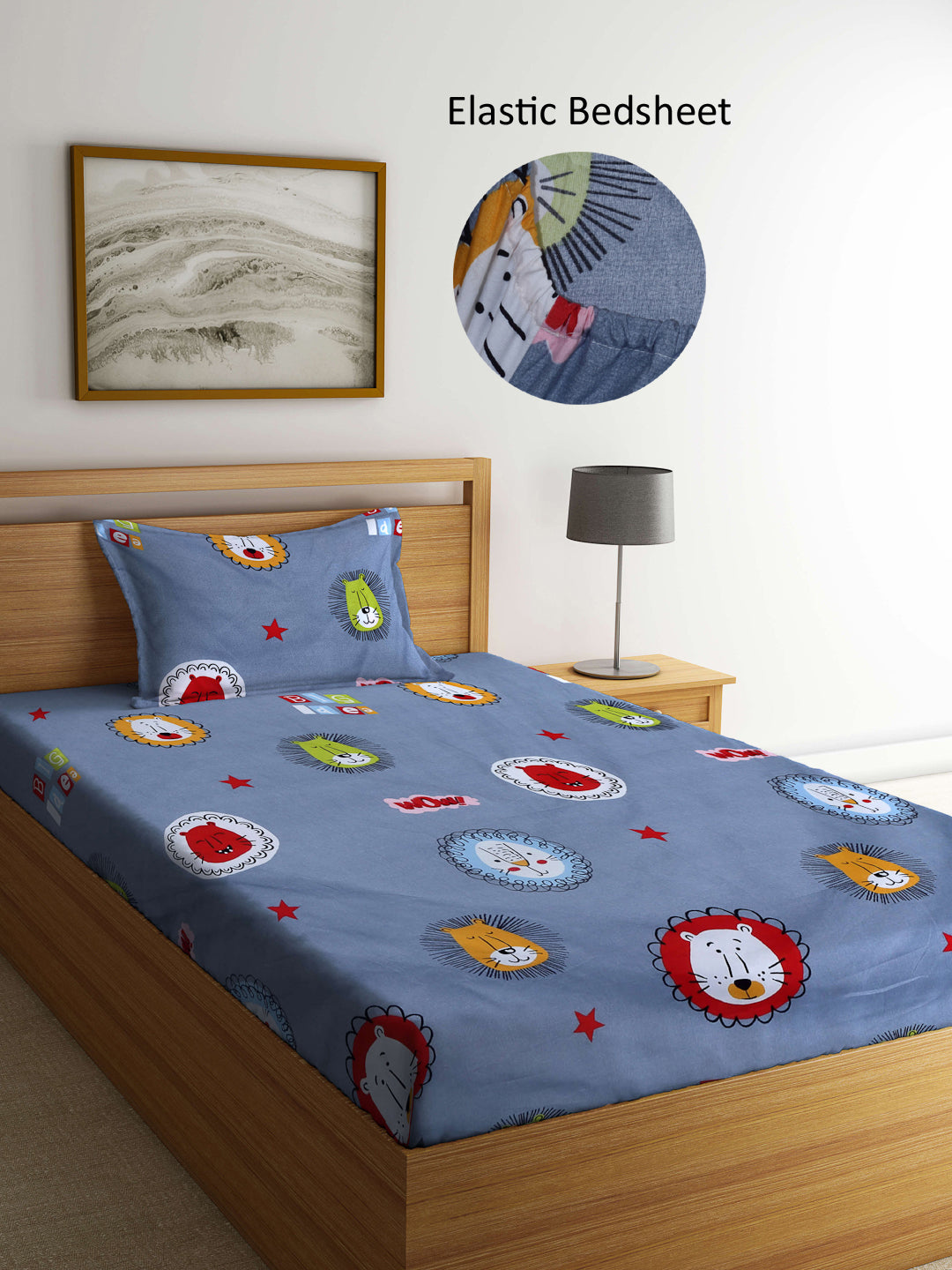 Arrabi Grey Cartoon TC Cotton Blend Single Size Fitted Bedsheet with 1 Pillow Cover (215 X 150 cm)