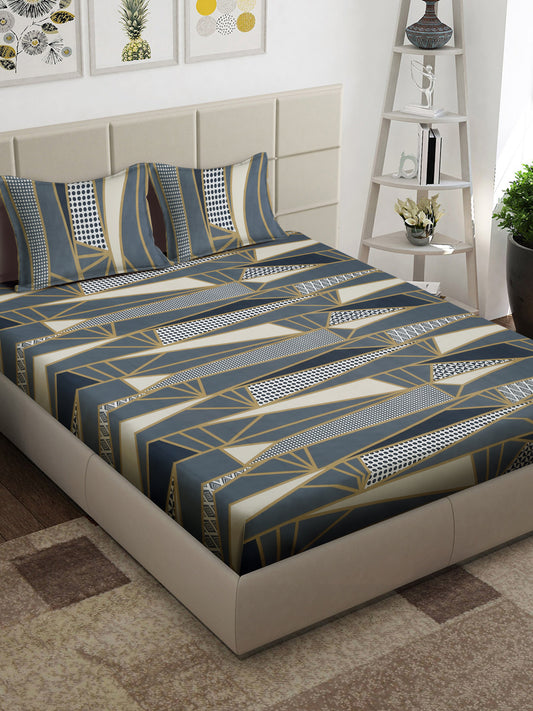 Arrabi Grey Geometric TC Cotton Blend King Size Bedsheet with 2 Pillow Covers (250 x 215 cm)