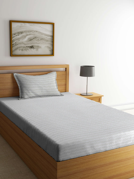 Arrabi Grey Striped TC Cotton Blend Single Size Bedsheet with 1 Pillow Cover (215 x 150 cm)