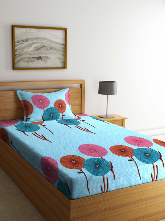 Arrabi Blue Graphic TC Cotton Blend Single Size Bedsheet with 1 Pillow Cover (215 X 150 cm)