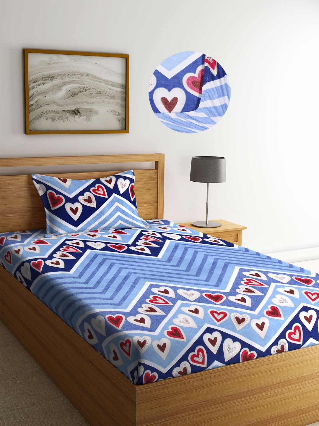 Arrabi Blue Graphic TC Cotton Blend Single Size Fitted Bedsheet with 1 Pillow Cover (220 X 150 cm)