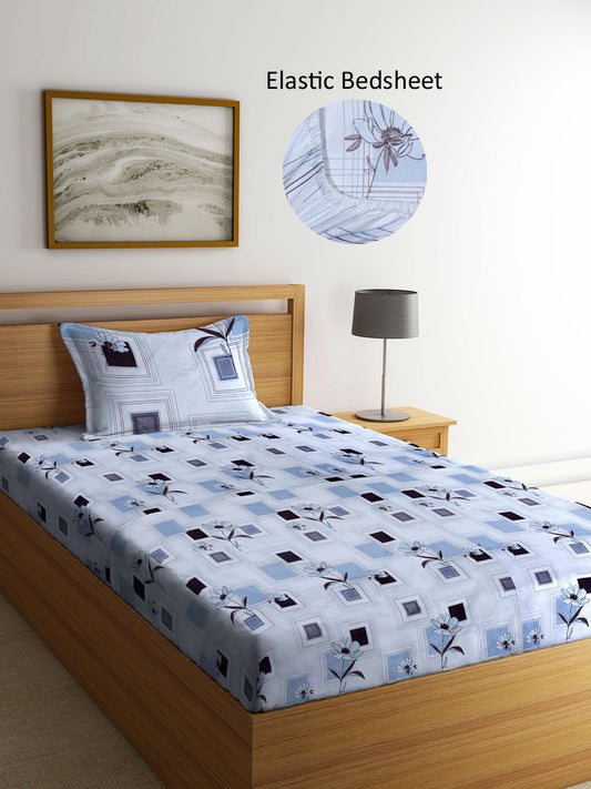 Arrabi White Floral TC Cotton Blend Single Size Fitted Bedsheet with 1 Pillow Cover (215 X 150 cm)