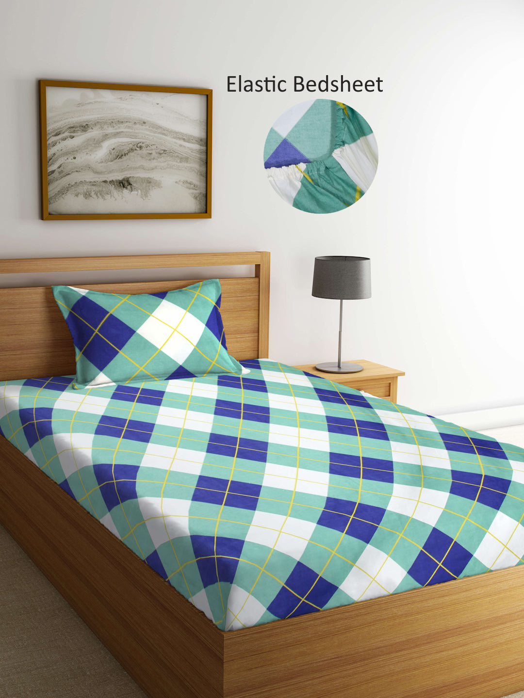 Arrabi Multi Geometric TC Cotton Blend Single Size Fitted Bedsheet with 1 Pillow Cover (215 X 150 cm)