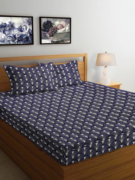 Arrabi Blue Geometric TC Cotton Blend Super King Size Bedsheet with 2 Pillow Covers (270 x 260 cm)