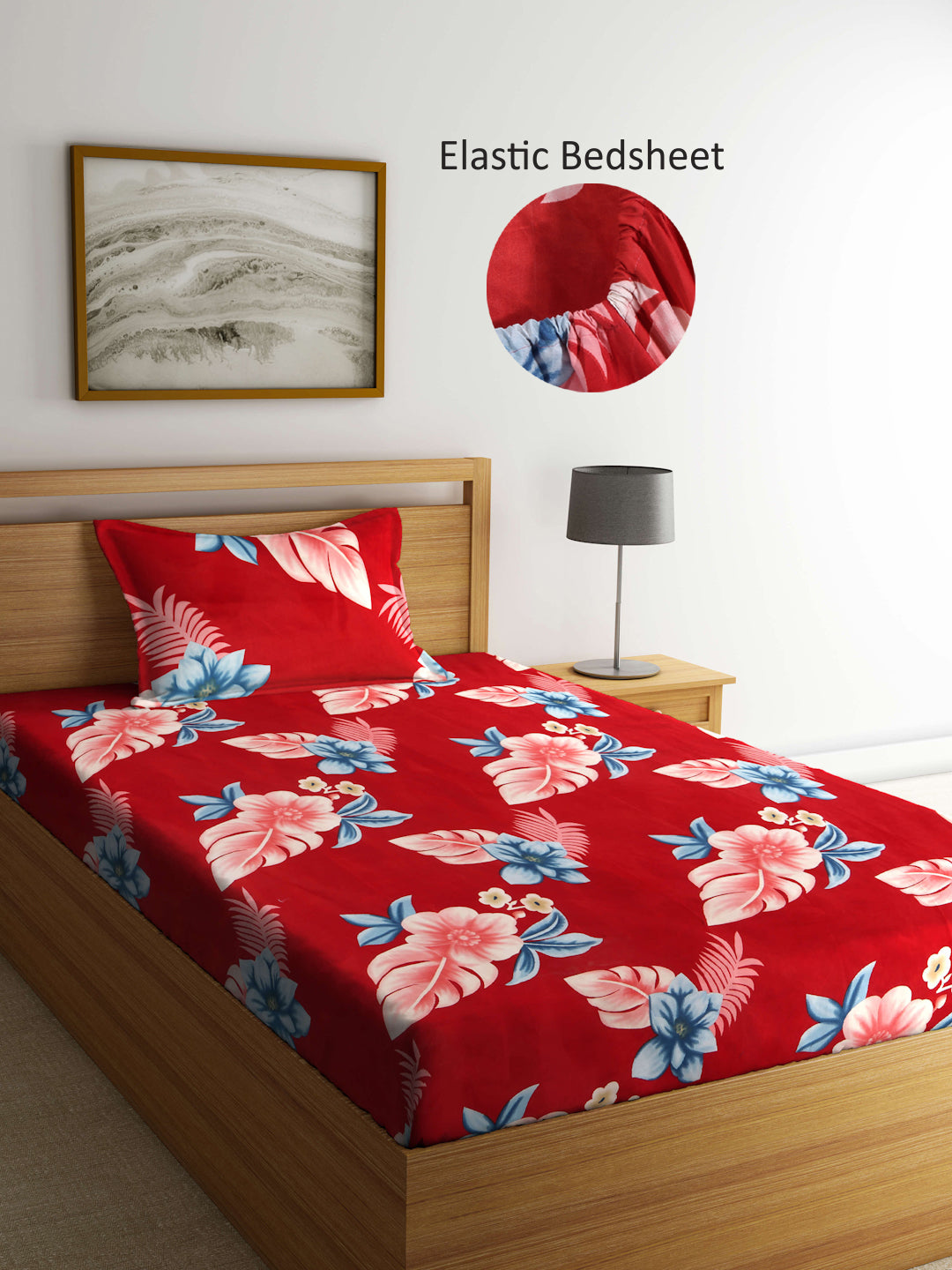 Arrabi Red Floral TC Cotton Blend Single Size Fitted Bedsheet with 1 Pillow Cover (215 X 150 cm)