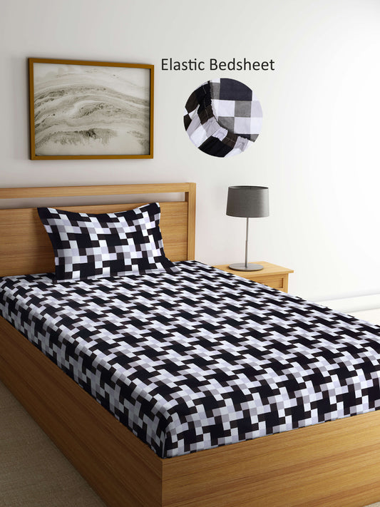 Arrabi Black Geometric TC Cotton Blend Single Size Fitted Bedsheet with 1 Pillow Cover (215 X 150 cm)