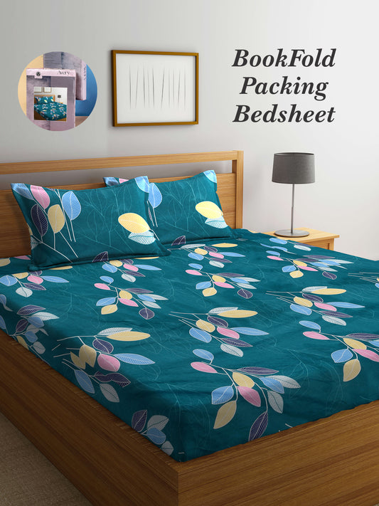 Arrabi Green Leaf TC Cotton Blend Super King Size Bookfold Bedsheet with 2 Pillow Covers (270 X 260 cm)