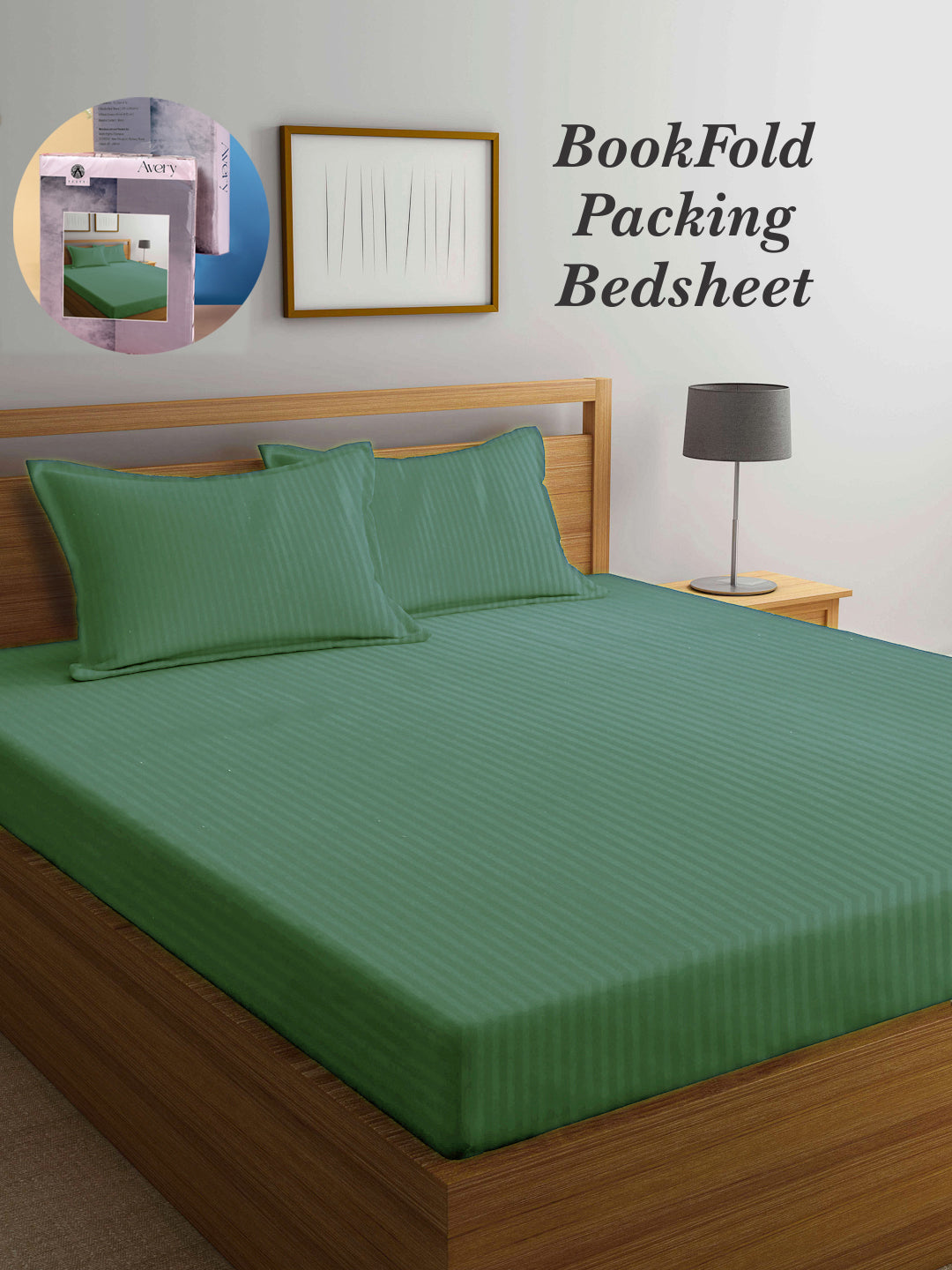 Arrabi Green Stripes TC Cotton Blend Super King Size Bookfold Bedsheet with 2 Pillow Covers (270 X 260 cm)