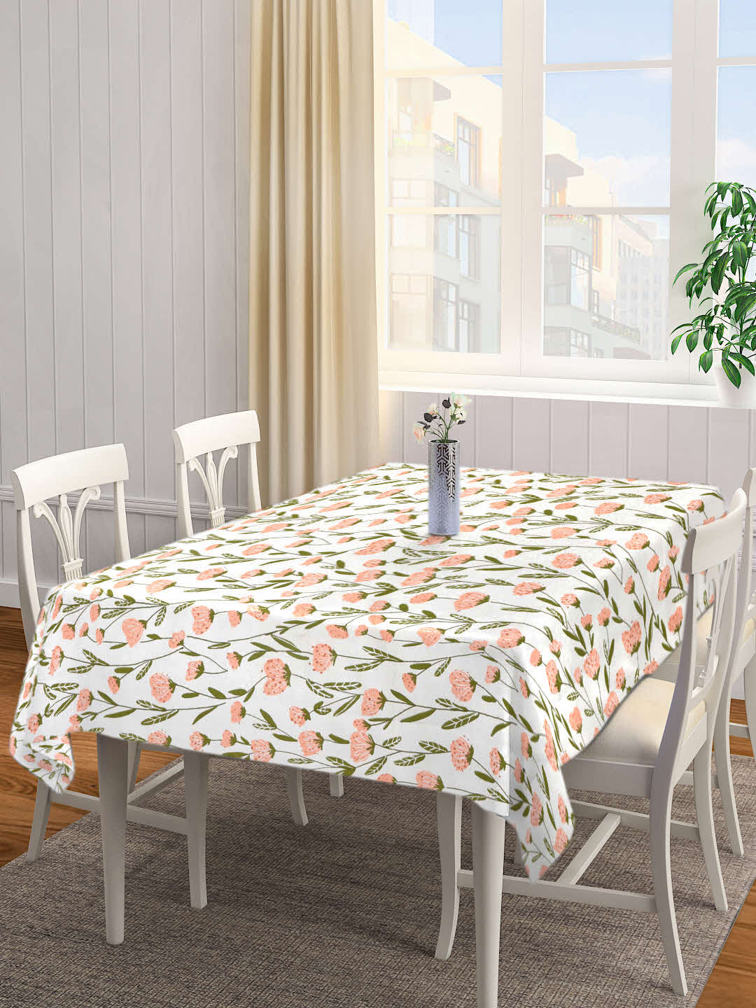 Arrabi Cream Floral Cotton Blend 6 SEATER Table Cover (180 X 130 cm)