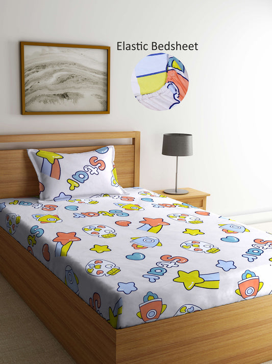 Arrabi Beige Cartoon TC Cotton Blend Single Size Fitted Bedsheet with 1 Pillow Cover (215 X 150 cm)