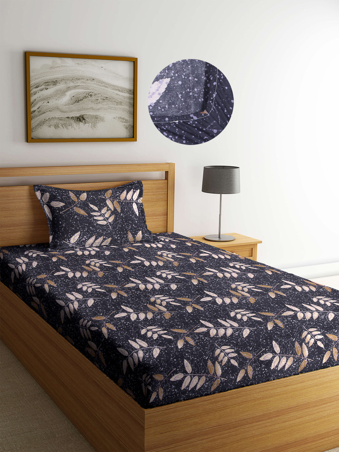 Arrabi Black Leaf TC Cotton Blend Single Size Fitted Bedsheet with 1 Pillow Cover (220 X 150 cm)