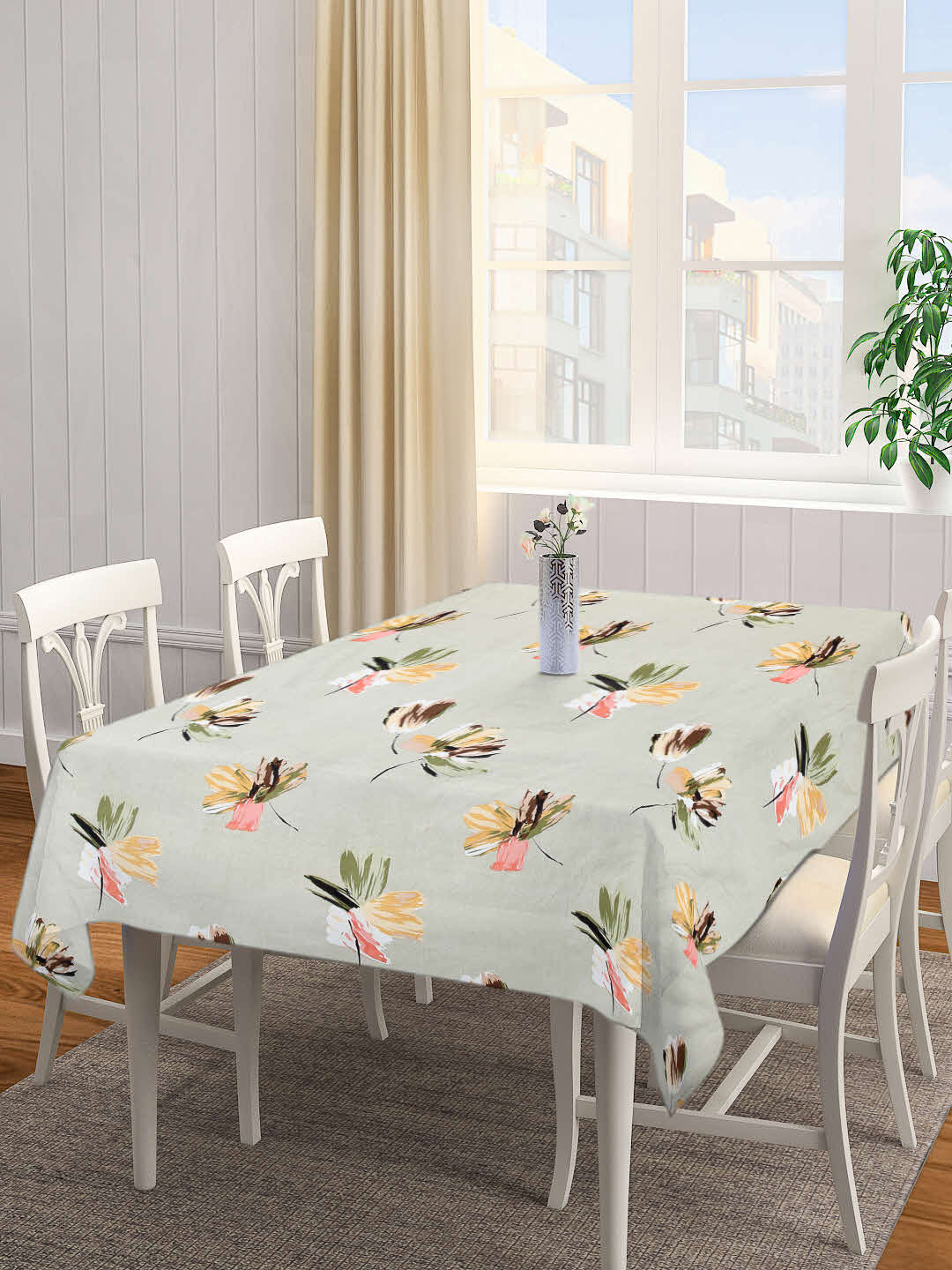 Arrabi Green Floral Cotton Blend 6 SEATER Table Cover (180 X 130 cm)