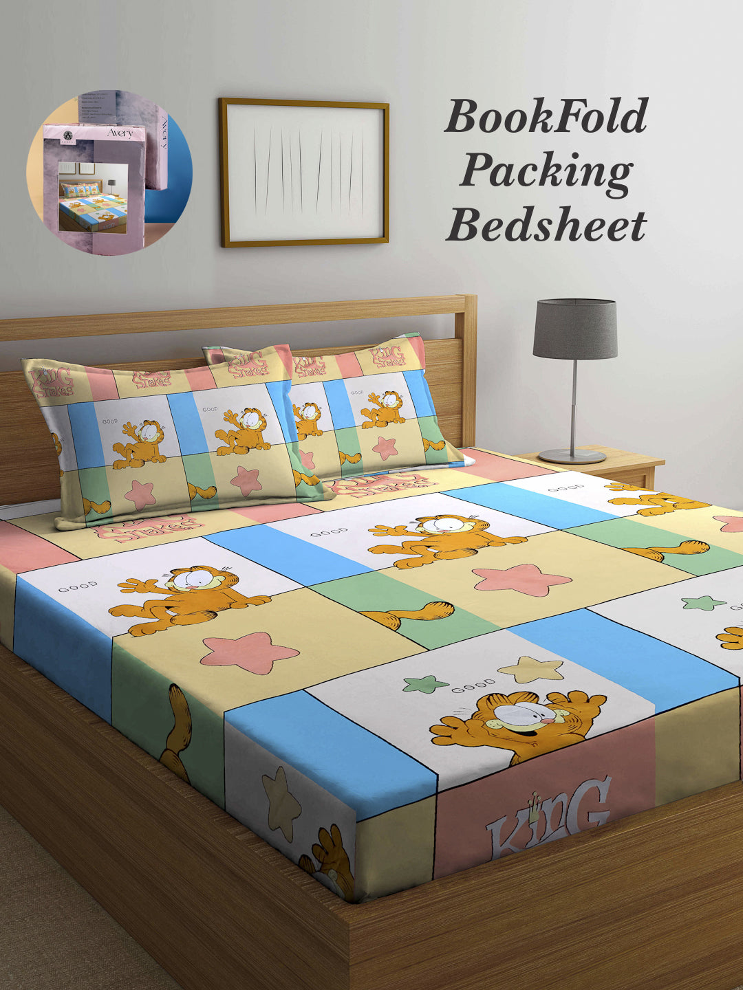 Arrabi Multi Cartoon TC Cotton Blend King Size Bookfold Bedsheet with 2 Pillow Covers (250 X 220 cm)