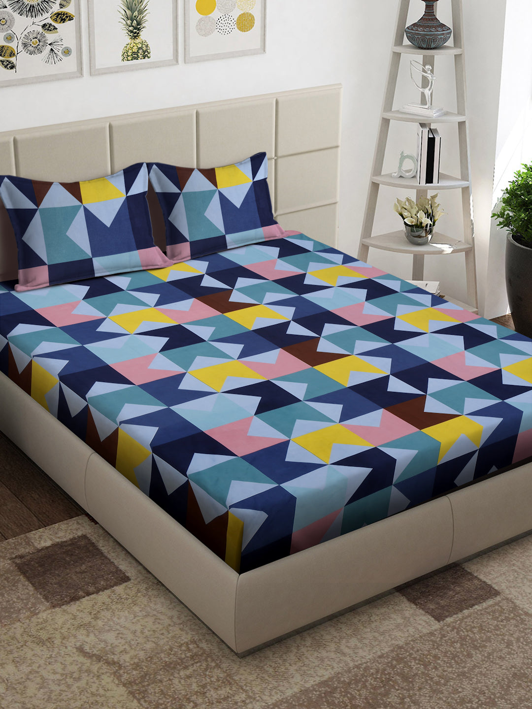 Arrabi Multi Geometric TC Cotton Blend King Size Bedsheet with 2 Pillow Covers (250 x 215 cm)