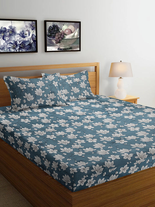 Arrabi Blue Floral TC Cotton Blend Super King Size Bedsheet with 2 Pillow Covers (270 x 260 cm)
