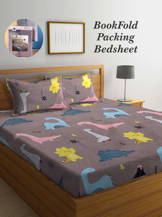 Arrabi Brown Cartoon TC Cotton Blend King Size Bookfold Bedsheet with 2 Pillow Covers (250 X 215 cm)