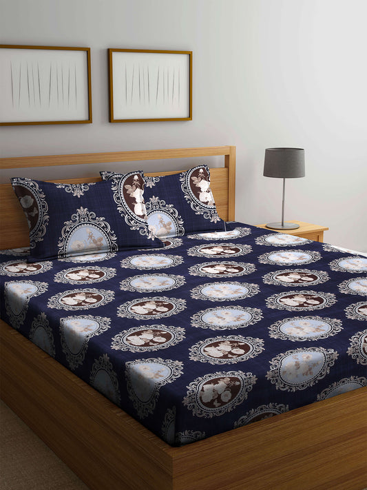 Arrabi Blue Floral TC Cotton Blend Double Size Bedsheet with 2 Pillow Covers (250 X 225 cm)