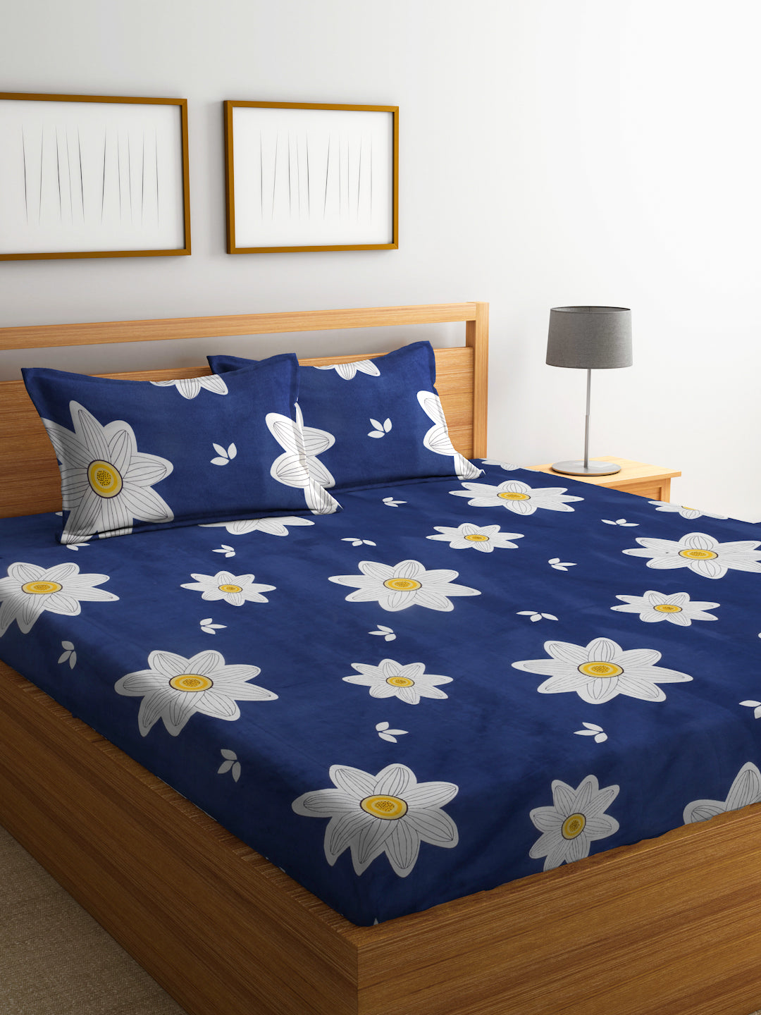 Arrabi Blue Floral TC Cotton Blend King Size Bedsheet with 2 Pillow Covers (250 X 215 cm)