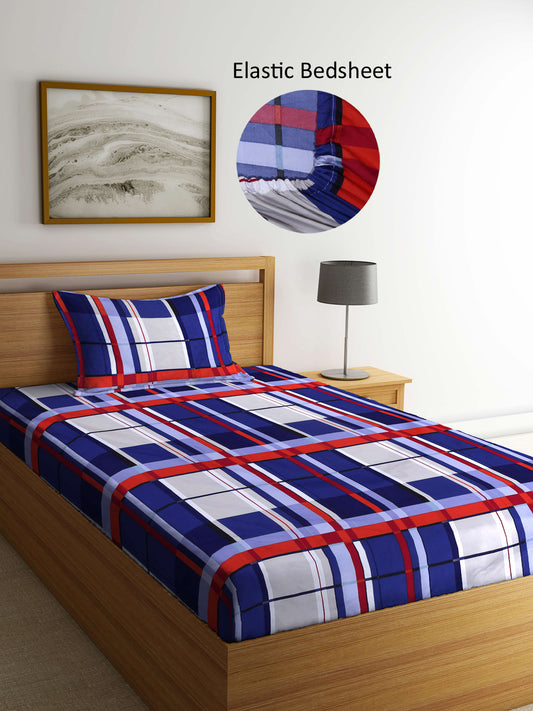 Arrabi Blue Stripes TC Cotton Blend Single Size Fitted Bedsheet with 1 Pillow Cover (215 X 150 cm)