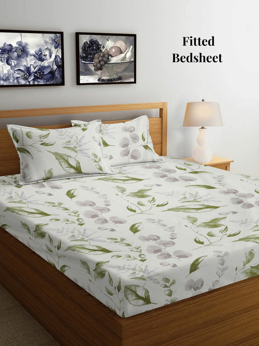 Arrabi Cream Floral TC Cotton Blend King Size Fitted Bedsheet with 2 Pillow Covers (250 X 215 Cm)