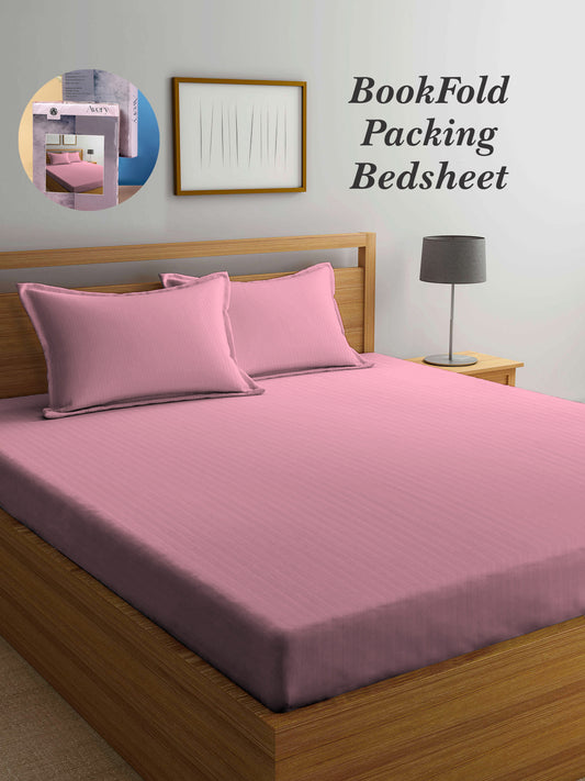 Arrabi Pink Stripes TC Cotton Blend Super King Size Bookfold Bedsheet with 2 Pillow Covers (270 X 260 cm)