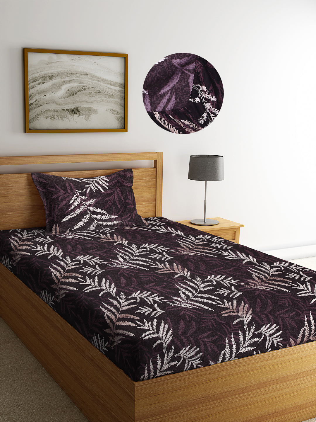 Arrabi Brown Leaf TC Cotton Blend Single Size Fitted Bedsheet with 1 Pillow Cover (220 X 150 cm)