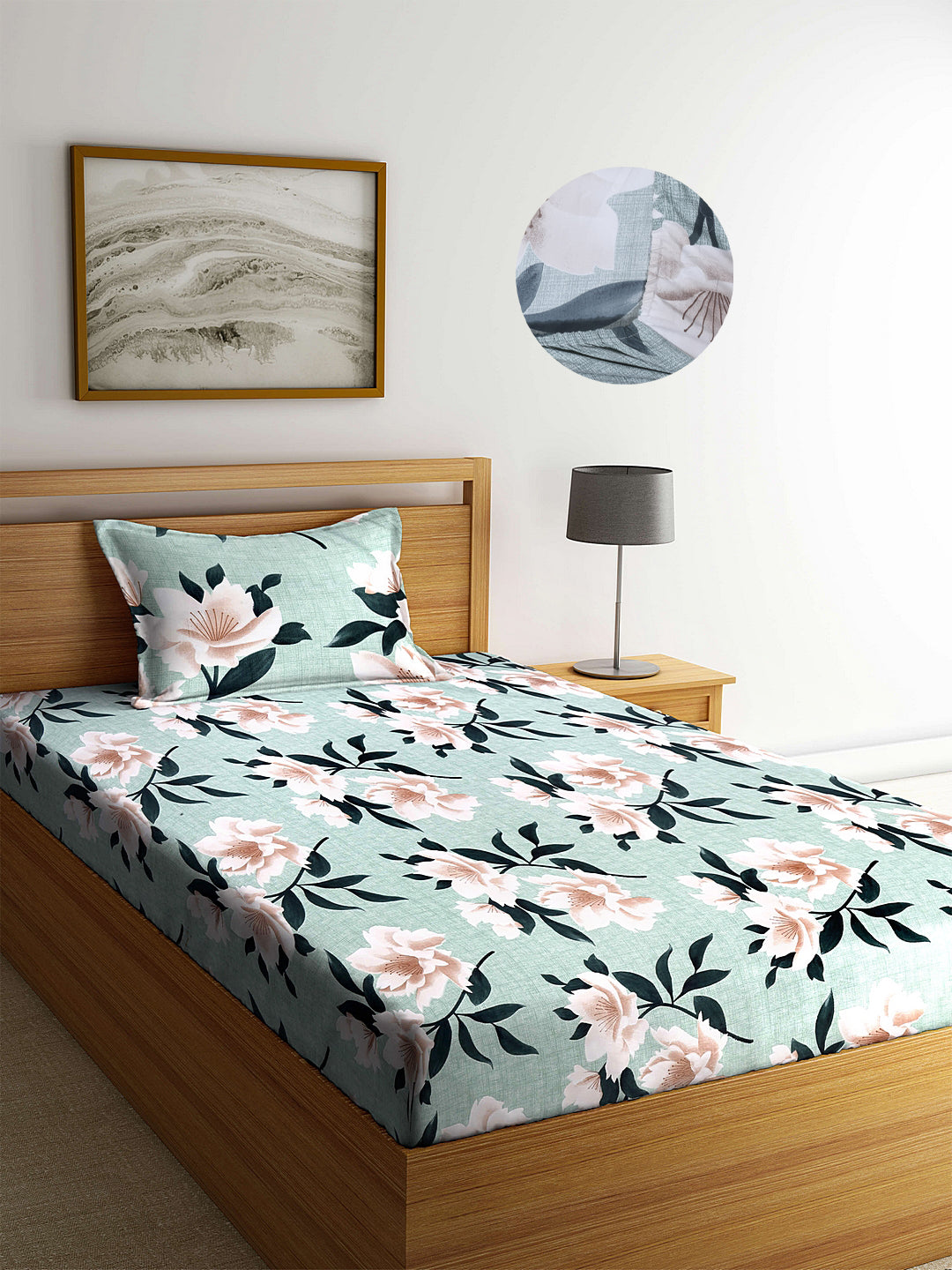 Arrabi Green Floral TC Cotton Blend Single Size Fitted Bedsheet with 1 Pillow Cover (220 X 150 cm)