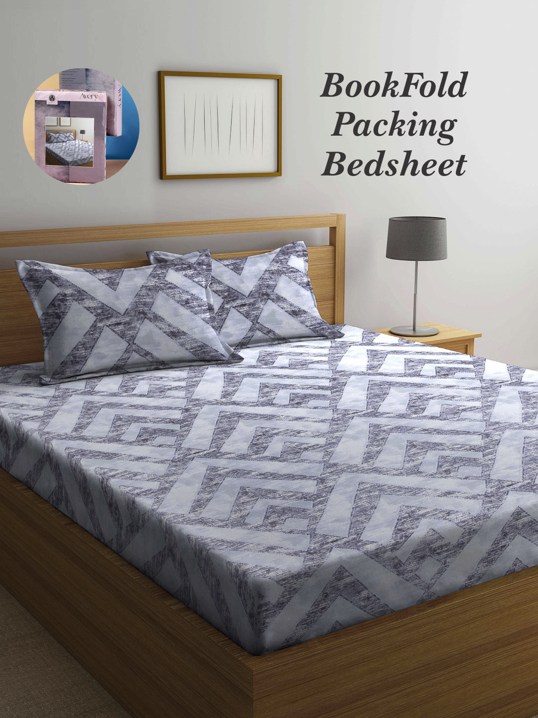 Arrabi Grey Graphic TC Cotton Blend Super King Size Bookfold Bedsheet with 2 Pillow Covers (270 X 260 cm)