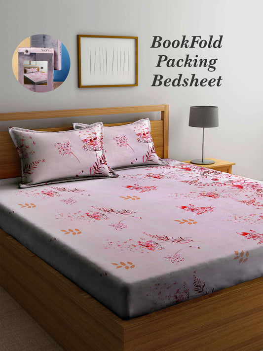 Arrabi Multi Floral TC Cotton Blend Super King Size Bookfold Bedsheet with 2 Pillow Covers (270 X 260 cm)