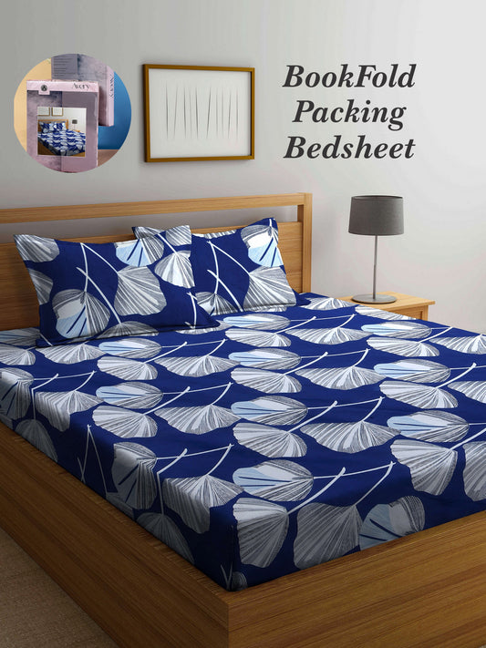 Arrabi Blue Floral TC Cotton Blend King Size Bookfold Bedsheet with 2 Pillow Covers (250 X 215 cm)