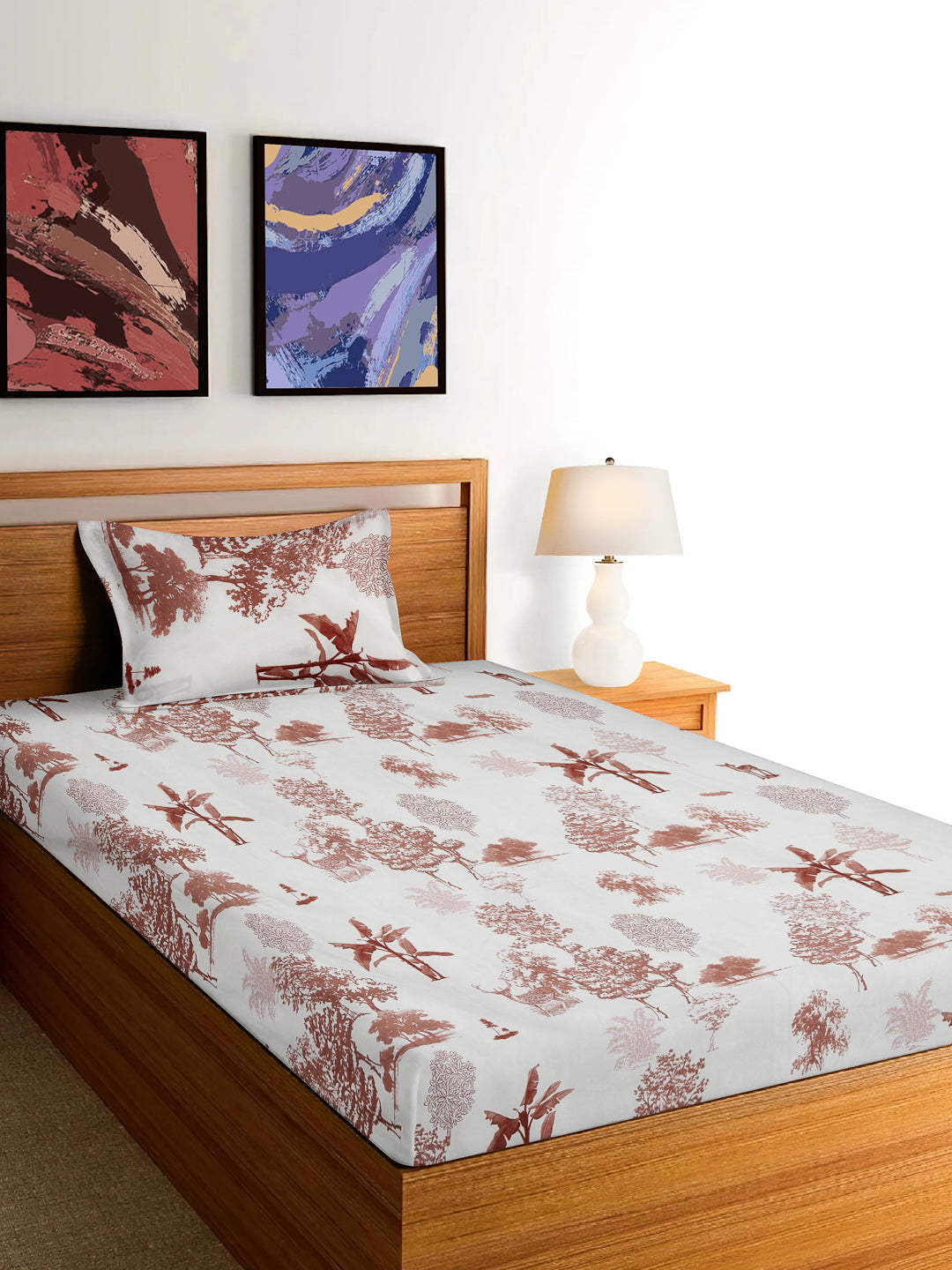 Arrabi Cream Leaf TC Cotton Blend Single Size Bedsheet with 1 Pillow Cover (215 x 150 cm)