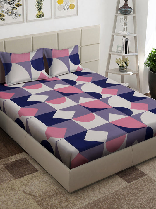 Arrabi Multi Geometric TC Cotton Blend Super King Size Bedsheet with 2 Pillow Covers (270 x 260 cm)