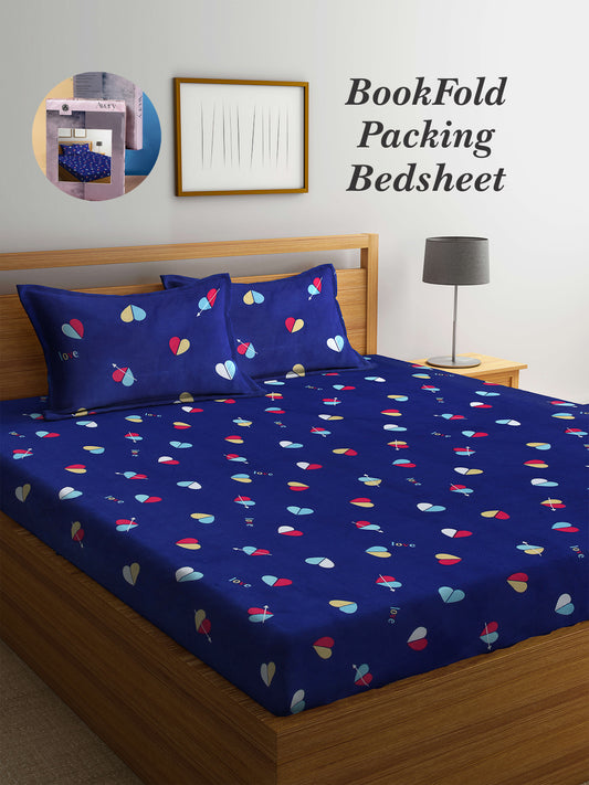 Arrabi Blue Graphic TC Cotton Blend King Size Bookfold Bedsheet with 2 Pillow Covers (250 X 220 cm)