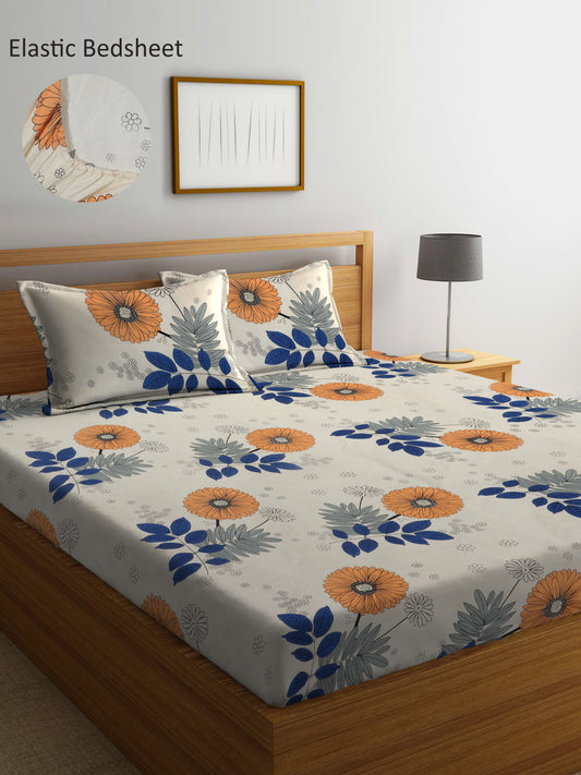 Arrabi Cream Floral TC Cotton Blend King Size Fitted Bedsheet with 2 Pillow Covers (250 X 215 Cm )