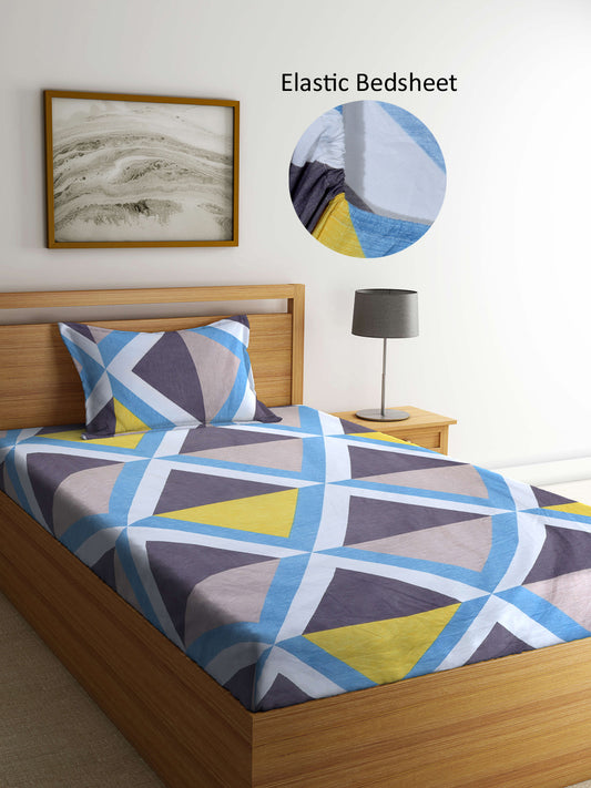 Arrabi Multi Geometric TC Cotton Blend Single Size Fitted Bedsheet with 1 Pillow Cover (215 X 150 cm)